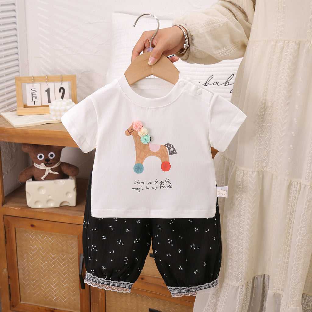Children's Cartoon Printed Pony Short Sleeve Shorts Two-Piece Set