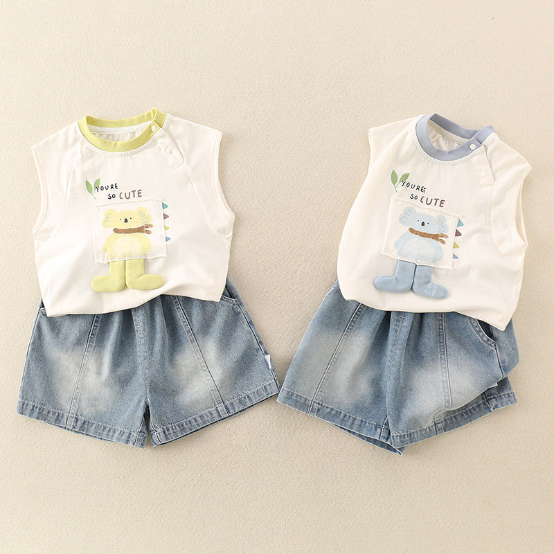 Children's Set  Cartoon Print Sleeveless Vest T-Shirt Denim Pants Two-Piece