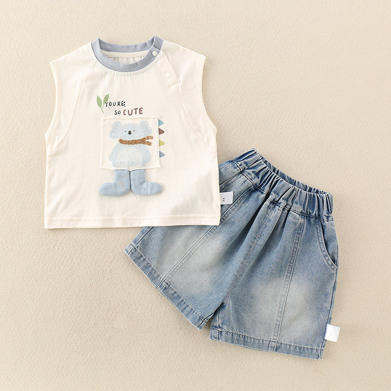 Children's Set  Cartoon Print Sleeveless Vest T-Shirt Denim Pants Two-Piece