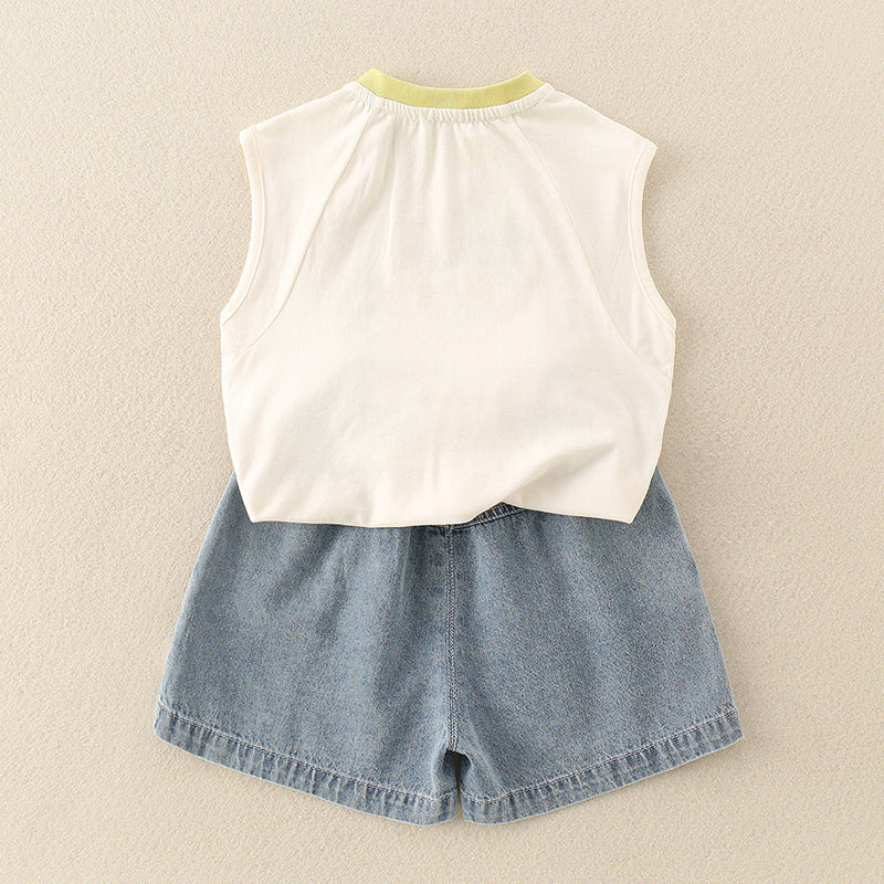 Children's Set  Cartoon Print Sleeveless Vest T-Shirt Denim Pants Two-Piece