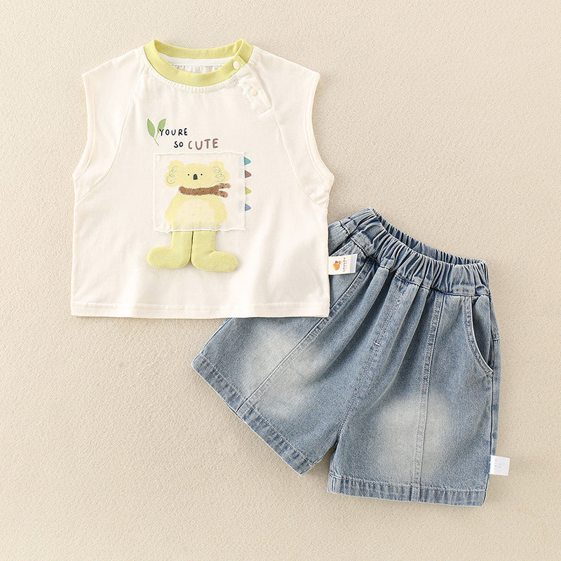 Children's Set  Cartoon Print Sleeveless Vest T-Shirt Denim Pants Two-Piece