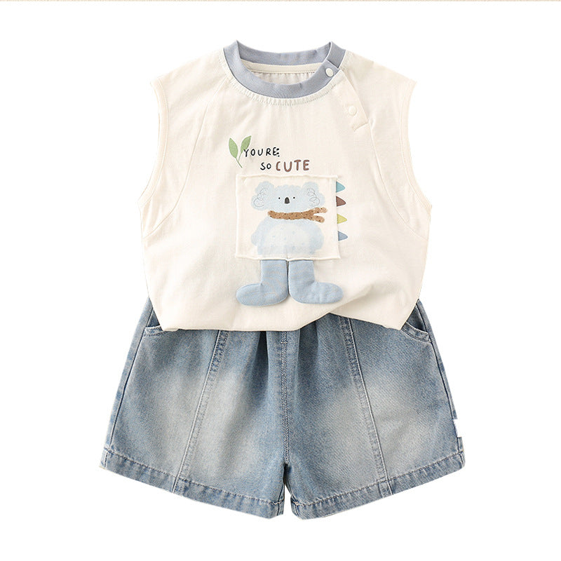 Children's Set  Cartoon Print Sleeveless Vest T-Shirt Denim Pants Two-Piece