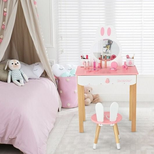Kids Vanity Set Rabbit Makeup Dressing Table Chair Set with Mirror and Drawer-White