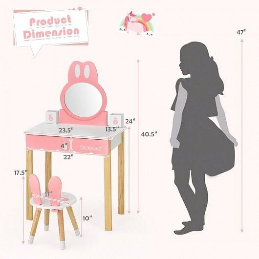 Kids Vanity Set Rabbit Makeup Dressing Table Chair Set with Mirror and Drawer-White