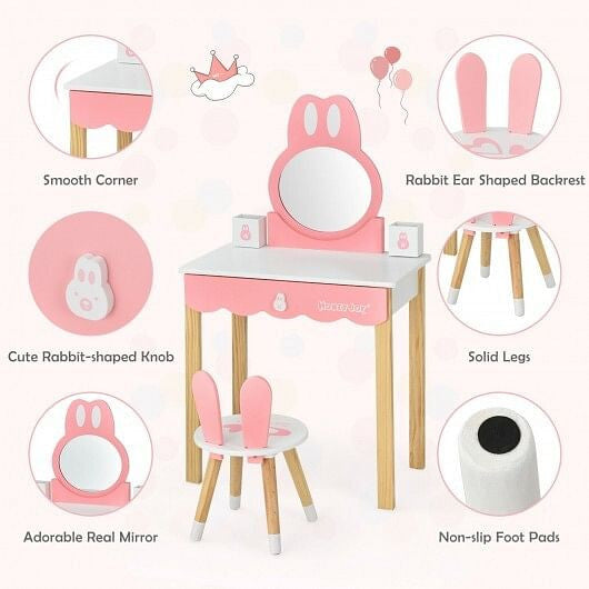 Kids Vanity Set Rabbit Makeup Dressing Table Chair Set with Mirror and Drawer-White