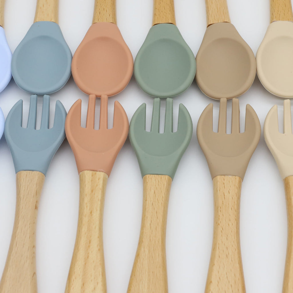 MyKids-USA® Baby Food Grade Wooden Handles Silicone Spoon Fork Cutlery