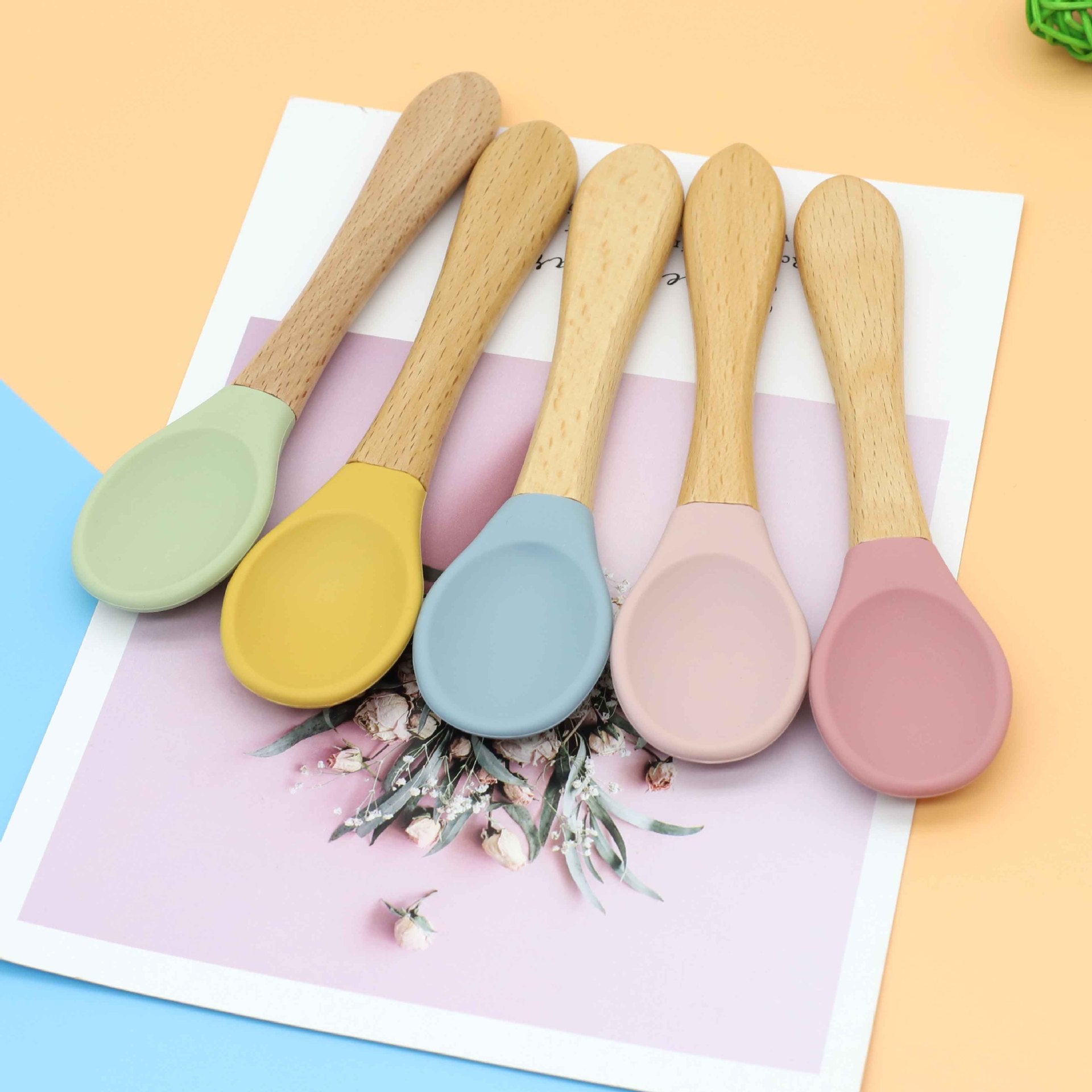 MyKids-USA® Baby Food Grade Wooden Handles Silicone Spoon Fork Cutlery