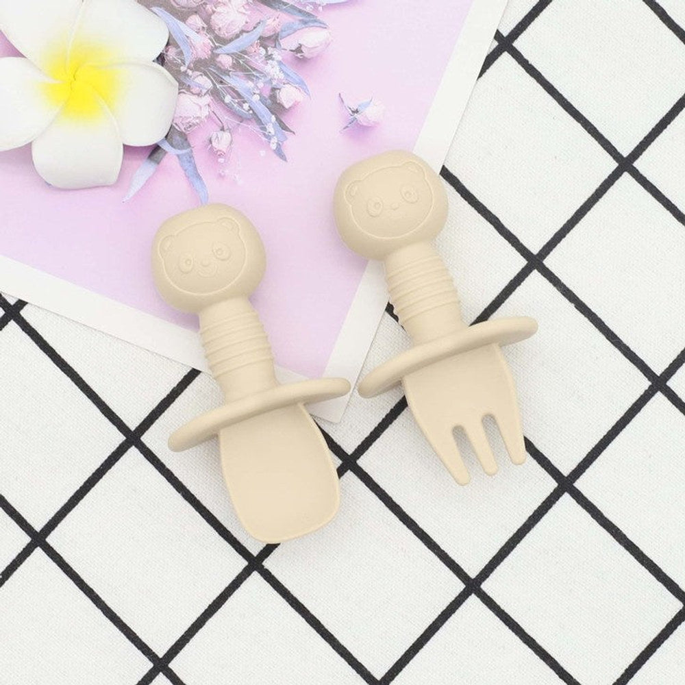 MyKids-USA® Baby Bear Pattern Complementary Food Training Lovely Silicone Spoon Fork Sets