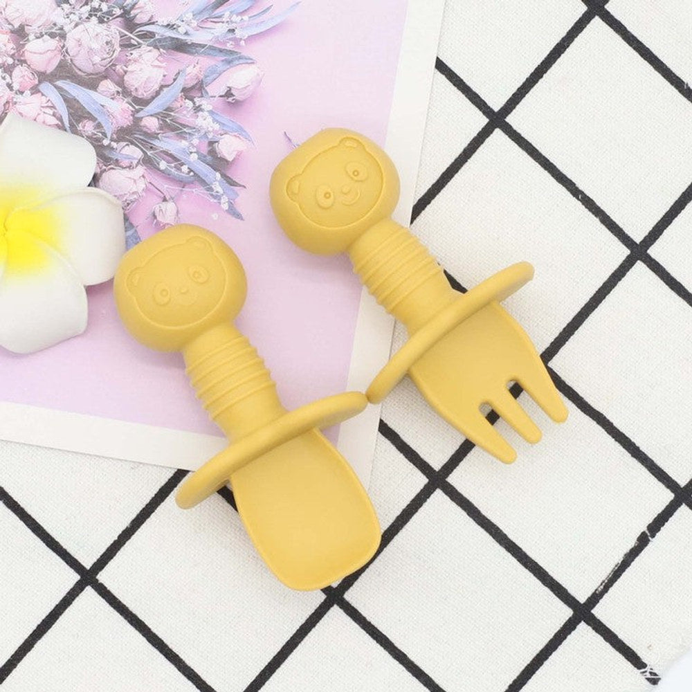 MyKids-USA® Baby Bear Pattern Complementary Food Training Lovely Silicone Spoon Fork Sets