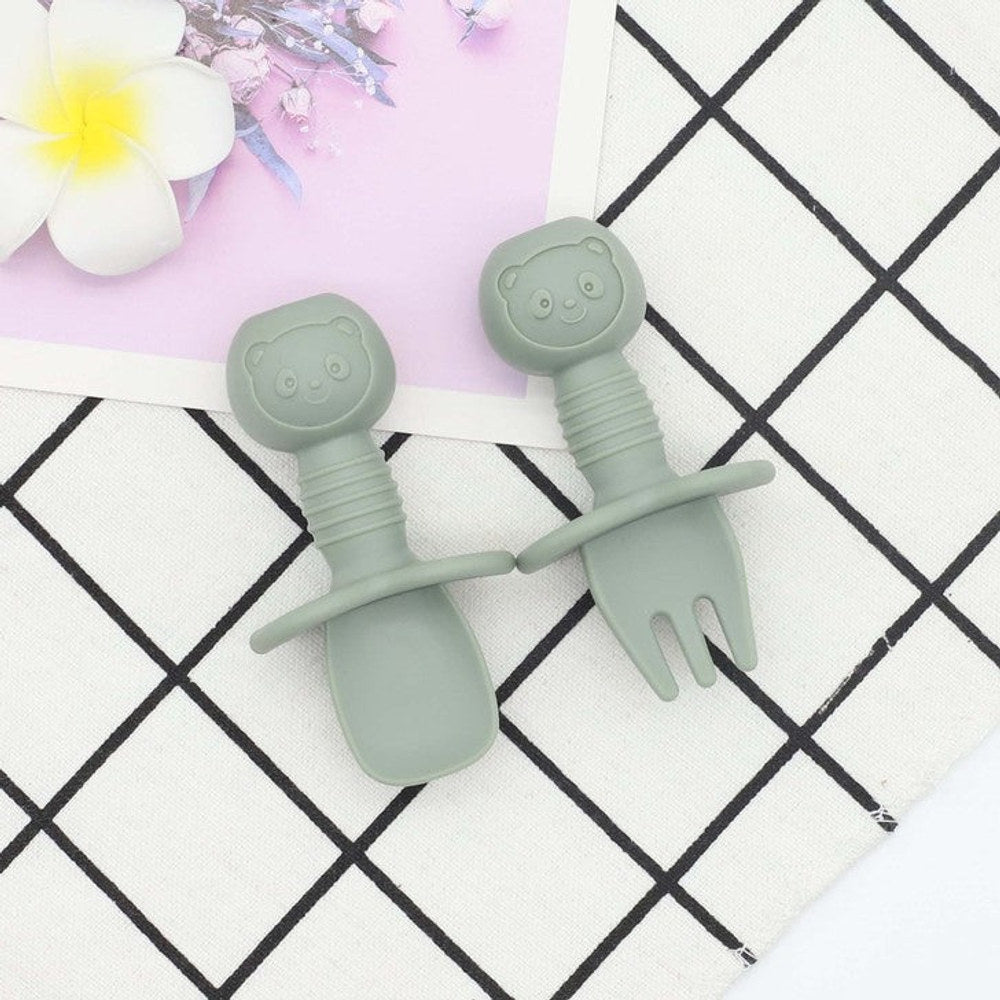 MyKids-USA® Baby Bear Pattern Complementary Food Training Lovely Silicone Spoon Fork Sets