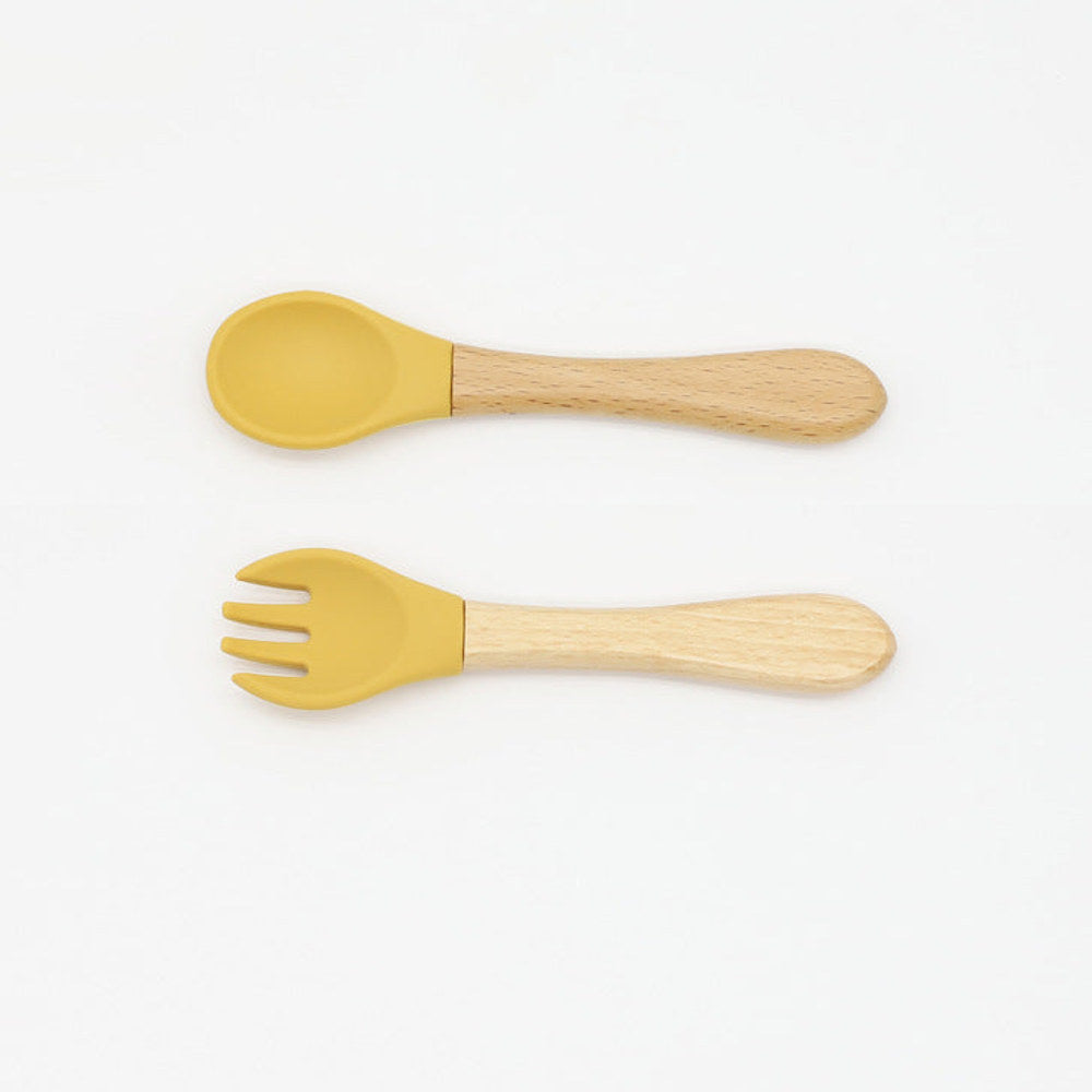 MyKids-USA® Baby Food Grade Wooden Handles Silicone Spoon Fork Cutlery