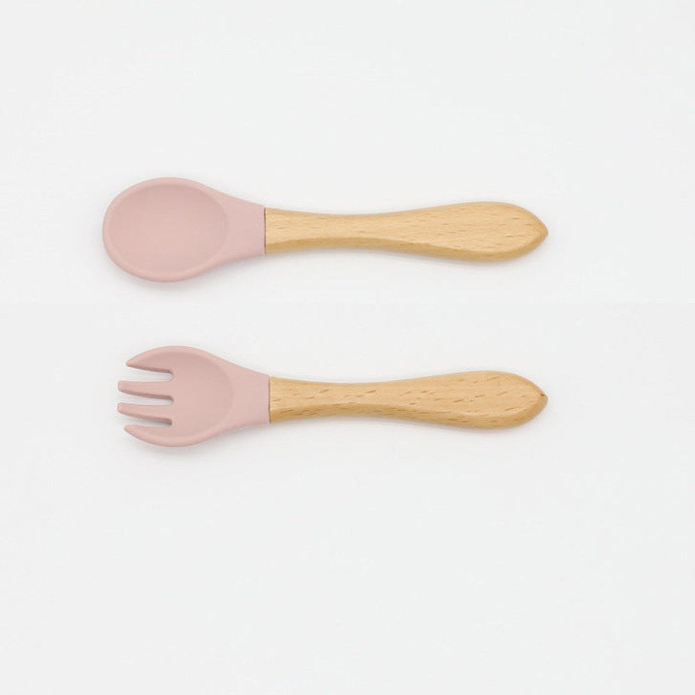 MyKids-USA® Baby Food Grade Wooden Handles Silicone Spoon Fork Cutlery