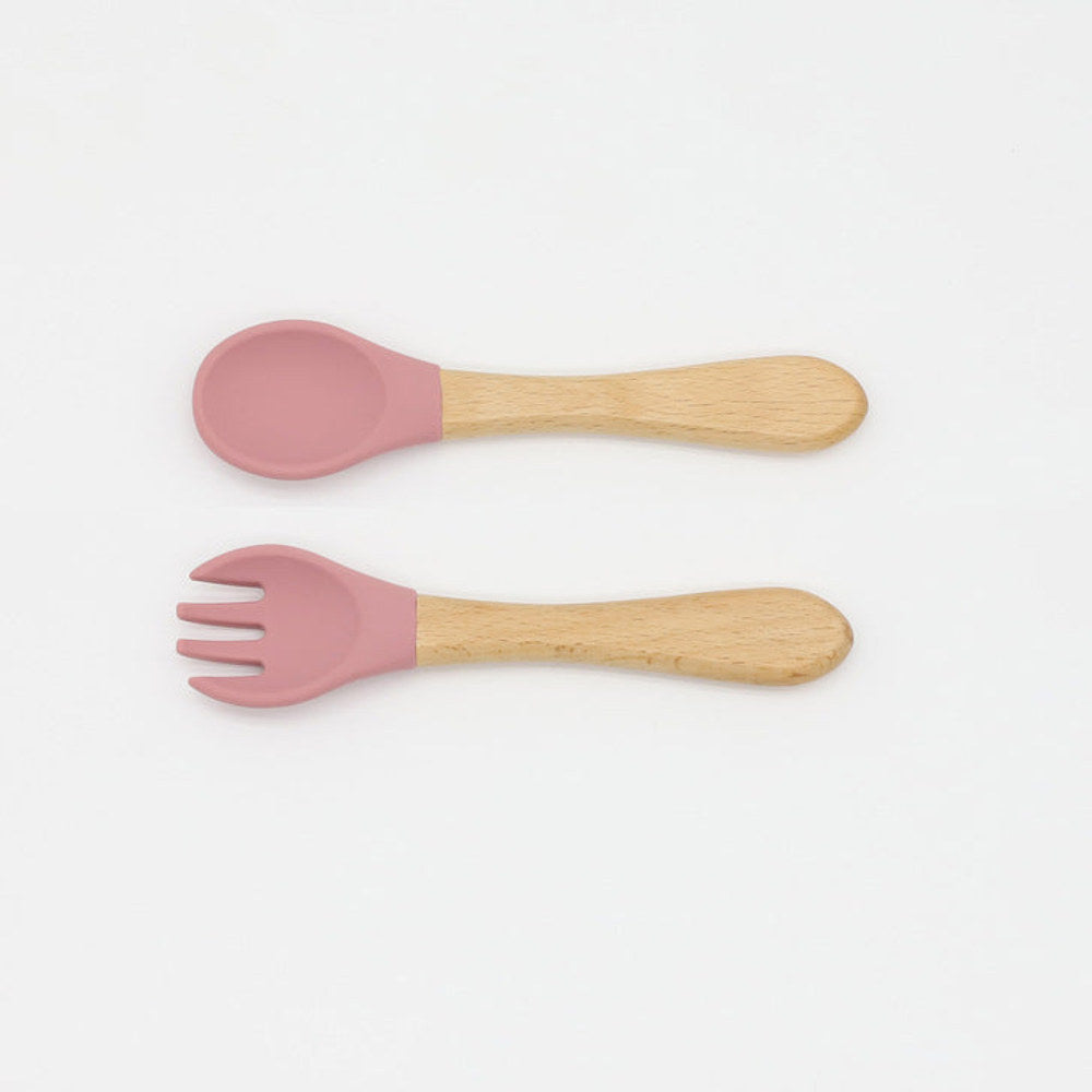 MyKids-USA® Baby Food Grade Wooden Handles Silicone Spoon Fork Cutlery