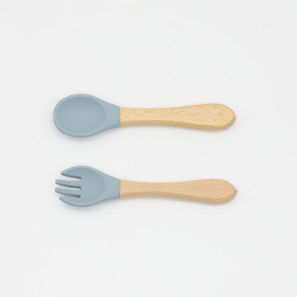MyKids-USA® Baby Food Grade Wooden Handles Silicone Spoon Fork Cutlery