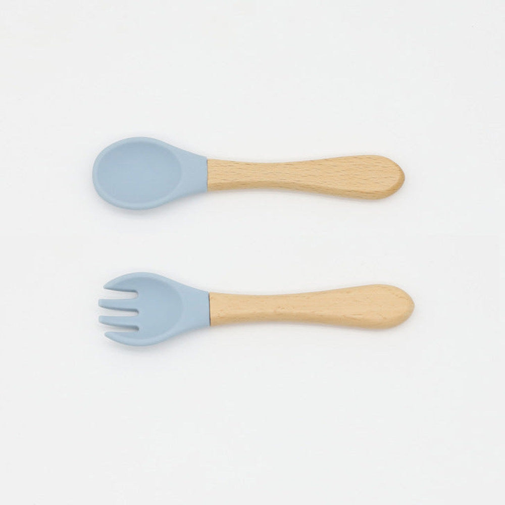 MyKids-USA® Baby Food Grade Wooden Handles Silicone Spoon Fork Cutlery