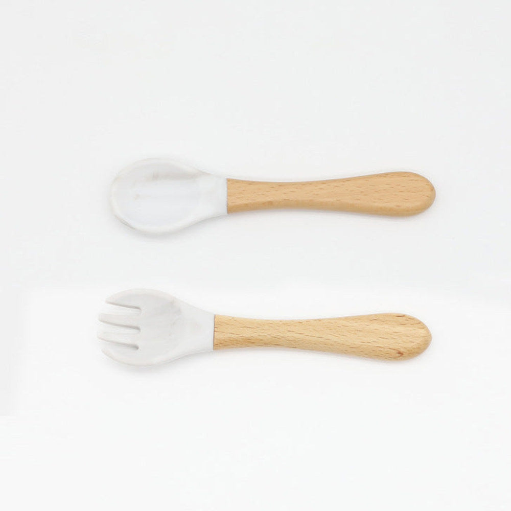 MyKids-USA® Baby Food Grade Wooden Handles Silicone Spoon Fork Cutlery
