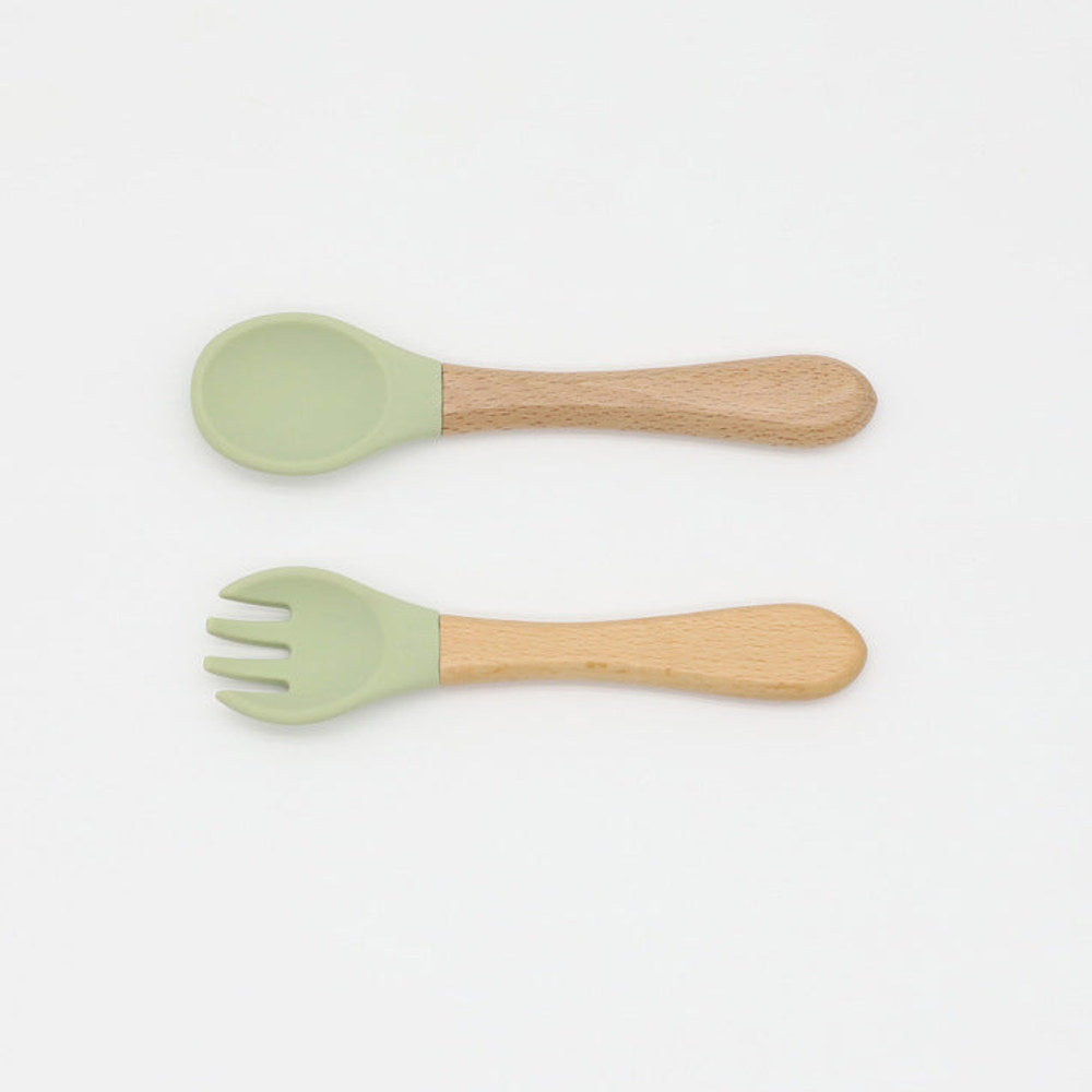 MyKids-USA® Baby Food Grade Wooden Handles Silicone Spoon Fork Cutlery