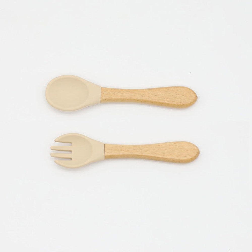 MyKids-USA® Baby Food Grade Wooden Handles Silicone Spoon Fork Cutlery