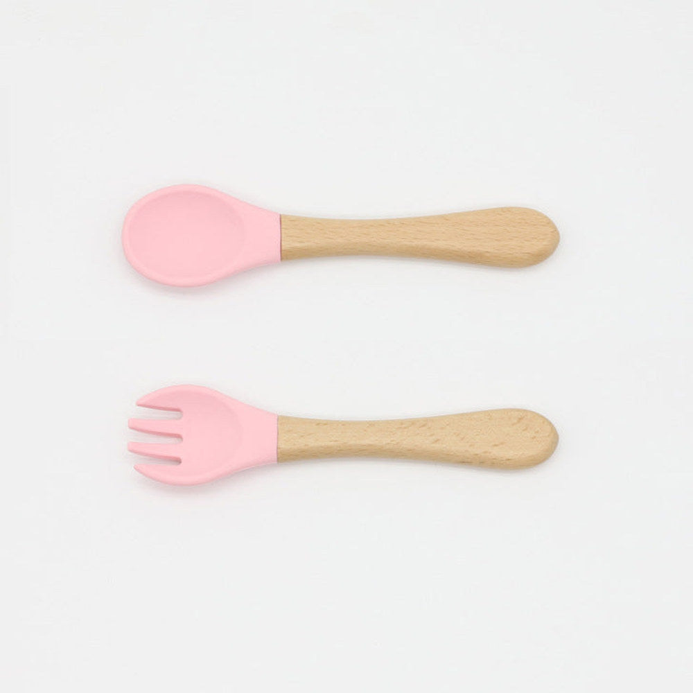 MyKids-USA® Baby Food Grade Wooden Handles Silicone Spoon Fork Cutlery