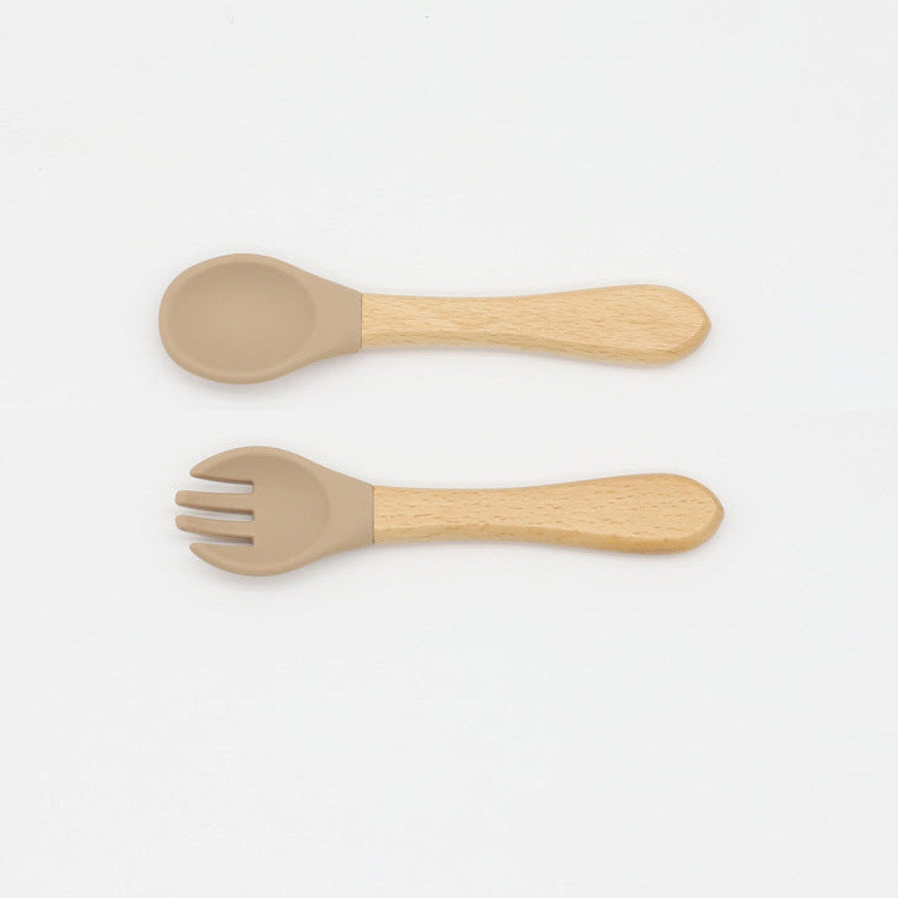 MyKids-USA® Baby Food Grade Wooden Handles Silicone Spoon Fork Cutlery