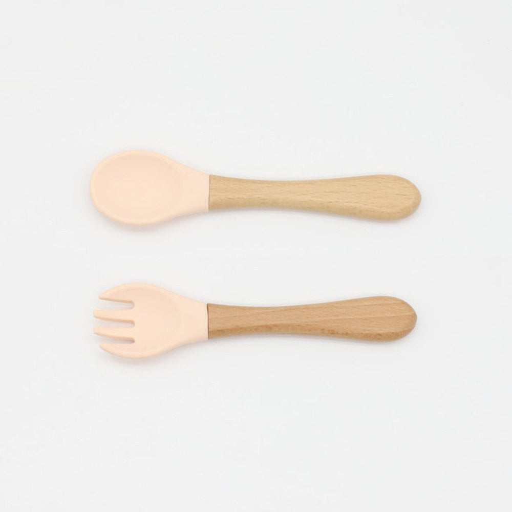 MyKids-USA® Baby Food Grade Wooden Handles Silicone Spoon Fork Cutlery