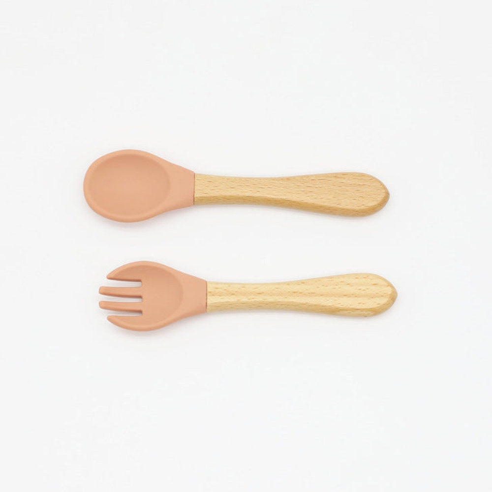 MyKids-USA® Baby Food Grade Wooden Handles Silicone Spoon Fork Cutlery