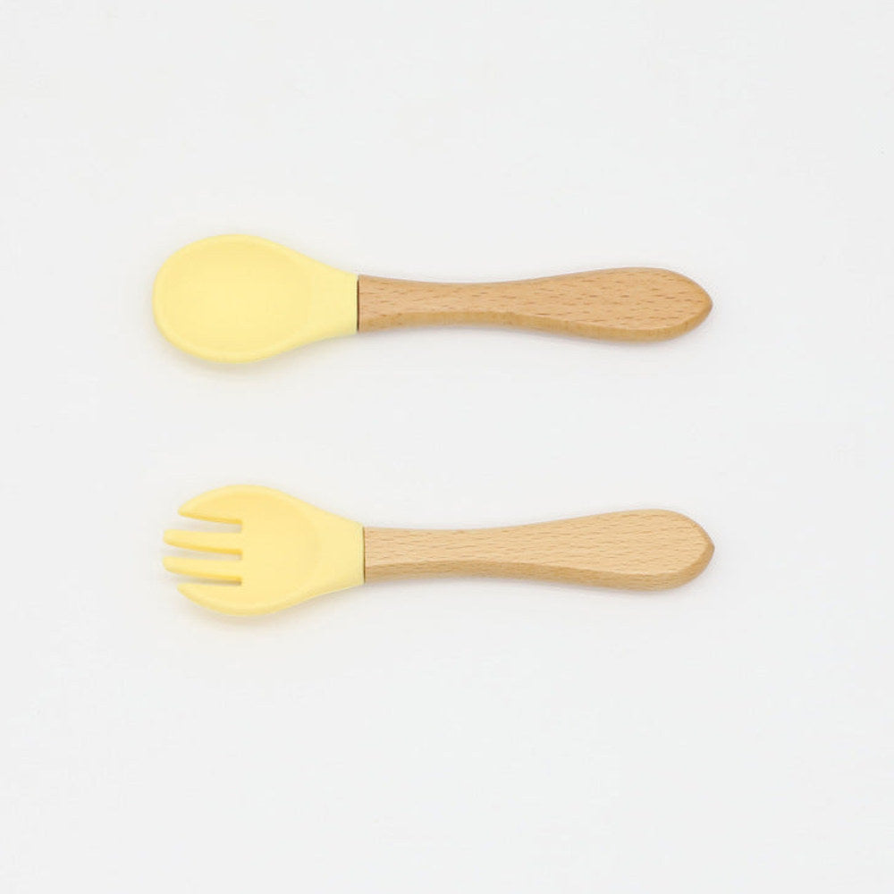MyKids-USA® Baby Food Grade Wooden Handles Silicone Spoon Fork Cutlery